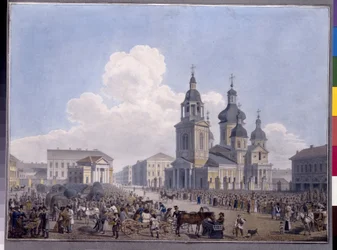 Rynek Sienny i Kościół Wniebowzięcia NMP w Petersburgu. Praca Karla Pietrowicza Beggrova (1799-1875), akwarela na papierze