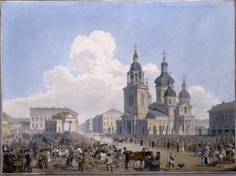 Rynek Sienny i Kościół Wniebowzięcia NMP w Petersburgu - Praca Karla Pietrowicza Beggrova (1799-1875), akwarela na papierze (10,3x15,1 cm),1820-1830 - Państwo Rosja