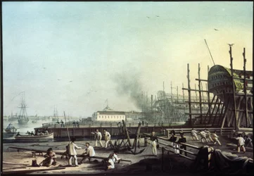 Stocznia Admiralicji w Sankt Petersburgu (Sankt-Petersburg). (Stocznia Marynarki Wojennej Admiralicji w Sankt Petersburgu). Obraz Karla Pietrowicza Beggrova (1799-1875). Olej na płótnie, XIX-wieczna sztuka rosyjska. Państwowe Muzeum Rosyjskie w Sankt Peter