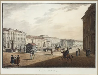 Widok na nabrzeże Moika w pobliżu mostu policyjnego - Karl Pietrowicz Beggrov (1799-1875). litografia, akwarela