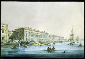 Widok na nabrzeże pałacowe w Sankt Petersburgu. Obraz Karla Pietrowicza Beggrova (1799-1875). Akwarela i tusz na papierze, ok. 1830, XIX-wieczna sztuka rosyjska, klasycyzm. Państwowe Muzeum Rosyjskie, Saint Pet