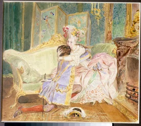 Spotkanie: pocałunek między czarnym mężczyzną a białą kobietą rosyjskiej szlachty - ilustracja do powieści „Murzyn Piotra Wielkiego” Aleksandra Puszkina (1799-1837) po życiu Abrahama Hanibala (Abram Pietrowicz Gannibal) ( 1696-1781) - O