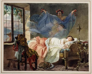 Marzenia o młodej dziewczynie o świcie - Praca Karla Pavlovicha Briullova (Briullov) (1799-1852) - Akwarela na tekturze