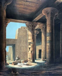 Wnętrze świątyni w Philae". Litografia według Karla Richarda Lepsiusa (1810-1884), pruskiego egiptologa. Kolumny w świątyni Izydy, głównej bogini starożytnego Egiptu, siostry i żony Ozyrysa.