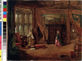 Scena wewnętrzna. Obraz Karla Zimmermanna (1796-1820). Olej na płótnie, 37,7 x 56 cm. XIX-wieczna sztuka niemiecka. Państwowe Muzeum Sztuki im. MK Ciurlionisa w Kownie (Litwa).