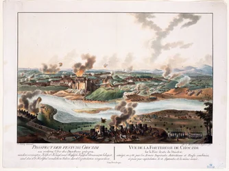 Oblężenie Chocimia (Chocim, Chotyn, Hotin, Choczim lub Chotin, Ukraina) 1788 - Schuetz, Carl (1745-1800) - 1788 - Miedzioryt, akwarela - 36,6x48,3 - Kolekcja prywatna