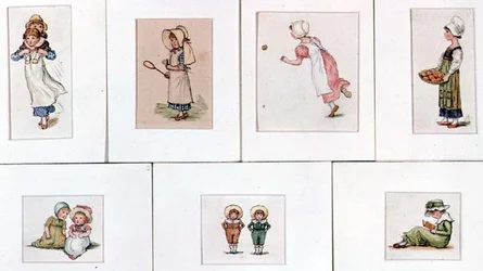 Kolekcja miniaturowych akwarel dzieci bawiących się