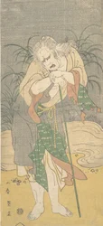 Asao Tamejuro jako siwowłosy starzec w postrzępionych szatach, ca. 1789.