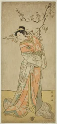 Aktor Ichikawa Ebizo (Danjuro V) jako dama oczekująca Iwafuji w sztuce Gozen-gakari Sumo Soga, wystawionej w teatrze Kawarazaki w pierwszym miesiącu 1793 roku ()