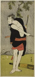 Aktor Ichikawa Komazo II jako Ono Sadakuro w sztuce Chuko Ryogoku Ori, wystawionej w teatrze Nakamura w siódmym miesiącu 1790 r.