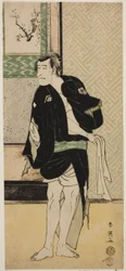 Aktor Ichikawa Komazo II jako Soga no Dozaburo w przebraniu zbója Tobei () w sztuce Haru no Nishi Date-zome Soga (), wystawionej w teatrze Nakamura () w pierwszym miesiącu 1790 roku ()