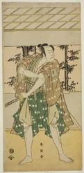 Aktor Ichikawa Omezo I jako żeglarz Takihei () w sztuce Ofunamori Ebi no Kaomise (), wystawionej w teatrze Kawarazaki () w jedenastym miesiącu 1792 roku ()