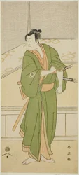 Aktor Iwai Hanshiro IV jako Shirai Gompachi w sztuce "Gozen-gakari Sumo Soga" wystawionej w teatrze Kawarazaki w drugim miesiącu 1793 r.