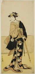 Aktor Iwai Hanshiro IV jako Tonase () w sztuce Kanadehon Chushingura (), wystawionej w teatrze Kiri () w ósmym miesiącu 1787 roku ()