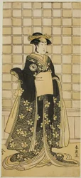 Aktor Iwai Kiyotaro II jako Lady Itohagi () w sztuce Genji Saiko Kogane Tachibana (), wystawianej w teatrze Ichimura () w jedenastym miesiącu 1788 roku ()