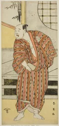 Aktor Kataoka Nizaemon VII jako Hayakawa Matabei () w sztuce Furiwake-gami Aoyagi Soga (), wystawionej w teatrze Miyako () w pierwszym miesiącu 1796 roku ()