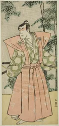 Aktor Matsumoto Koshiro IV jako Hatakeyama Shigetada w przebraniu Honjo Soheiji () w sztuce Edo no Fuji Wakayagi Soga (), wystawionej w teatrze Nakamura () w pierwszym miesiącu 1789 roku ()
