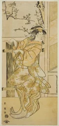 Aktor Segawa Kikunojo III jako Kojoro-gitsune (samica lisa) w przebraniu Omiki w sztuce Komachi-mura Shibai no Shogatsu wystawianej w teatrze Nakamura w jedenastym miesiącu 1789 roku