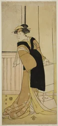 Aktor Segawa Kikunojo III jako Otoma () w sztuce Sayo no Nakayama Hiiki no Tsurigane (), wystawionej w teatrze Nakamura () w jedenastym miesiącu 1790 roku ()