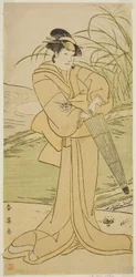 Aktor Yamashita Kinsaku II jako Okaya w sztuce Yomogi Fuku Noki no Tamamizu, wystawionej w teatrze Kiri w piątym miesiącu 1795 r.