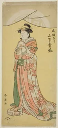 Aktor Yamashita Kinsaku II jako pokojówka Tsumagi w sztuce "Otokyama O-Edo no Ishizue" wystawionej w teatrze Kiri w jedenastym miesiącu 1794 roku.