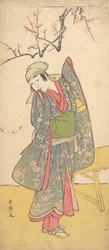 Czwarty Iwai Hanshiro jako młoda dziewczyna stojąca przy drewnianej ławce, ca. 1790
