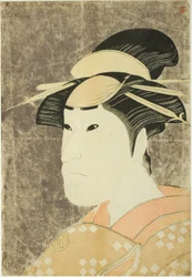 Aktor Sanogawa Ichimatsu III jako prostytutka Onayo z Gion w sztuce "Hana-ayame Bunroku Soga" wystawionej w teatrze Miyako w piątym miesiącu 1794 r.
