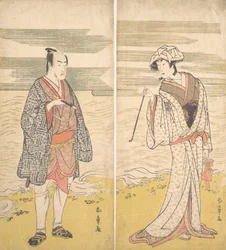 Dwóch aktorów: Czwarty Matsumoto Koshiro jako mężczyzna ubrany w krótkie kimono [po lewej], 1779.