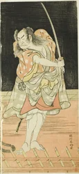 Aktorzy Nakamura Nakazô I jako Danshichi Kurobei i Ichikawa Danjûrô V jako Issun Tokubei w "Mirror of Osaka in the Summer Festival" ("Natsu Matsuri Naniwa Kagami").