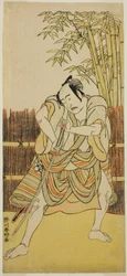 Aktor Bando Mitsugoro I jako Ogata no Saburo w przebraniu Yoroya Takiemon w sztuce Mure Takamatsu Yuki no Shirahata, wystawionej w teatrze Ichimura w jedenastym miesiącu 1780 r.