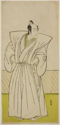 Aktor Ichikawa Danjuro V jako Enya Hangan () w sztuce Kanadehon Chushin Nagori no Kura (), wystawionej w teatrze Nakamura () w dziewiątym miesiącu 1780 roku ()