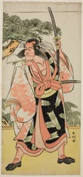 Aktor Ichikawa Danjuro V jako Kajiwara Genta Kagesue w sztuce Yuki Nazuna Saiwai Soga, wystawionej w teatrze Kiri w pierwszym miesiącu 1787 r.