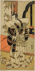 Aktor Ichikawa Danjuro V jako Kajiwara Heiji () w sztuce Hiragana Seisuiki (), wystawionej w teatrze Morita () w trzecim miesiącu 1776 roku ()