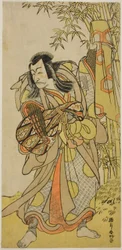 Aktor Ichikawa Danjuro V jako Kazusa no Akushichibyoe Kagekiyo przebrany za niewidomego nadwornego muzyka (Kengyo) w sztuce Edo Meisho Midori Soga, wystawianej w teatrze Morita w czwartym miesiącu 1779 roku