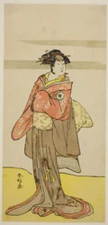 Aktor Iwai Hanshiro IV jako Hitomaru przebrany za gejszę Oshun w sztuce Edo no Hana Mimasu Soga, wystawionej w teatrze Nakamura w trzecim miesiącu 1783 roku