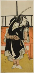 Aktor Nakamura Nakazo I jako Aso no Matsuwaka () w sztuce Iro Moyo Aoyagi Soga (), wystawionej w teatrze Nakamura () w drugim miesiącu 1775 roku ()