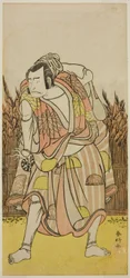 Aktor Nakamura Nakazo I jako Hachiman Taro Yoshiie () w sztuce Oshu Adachi ga Hara (), wystawionej w teatrze Nakamura () w czwartym miesiącu 1775 roku ()