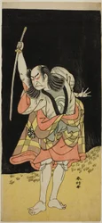 Aktor Nakamura Nakazo I jako Ippei () w sztuce Koi Nyobo Somewake Tazuna (), wystawionej w teatrze Ichimura () w ósmym miesiącu 1778 roku ()