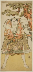 Aktor Nakamura Nakazo I jako Yakko Nakahei przebrany za Miurę Arajiro () ze sztuki Ise Heishi Eigo no Koyomi (), wystawionej w teatrze Ichimura () w jedenastym miesiącu 1782 roku ()