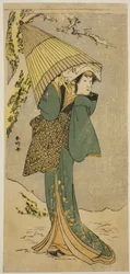 Aktor Nakamura Riko I jako Kiyotaki w sztuce Oakinai Hiru ga Kojima, wystawionej w teatrze Nakamura w jedenastym miesiącu 1784 r.