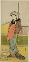 Aktor Nakamura Riko I jako Moshio () w sztuce Honda Yayoi Meoto Junrei (), wystawionej w teatrze Ichimura () w siódmym miesiącu 1778 roku ()