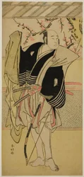 Aktor Onoe Matsusuke I jako Yawata no Saburo () w sztuce Edo no Hana Mimasu Soga (), wystawionej w teatrze Nakamura () w pierwszym miesiącu 1783 roku ()
