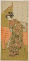 Aktor Segawa Kikunojo III jako kurtyzana Takamura z Onoteruya () w sztuce Sugata no Hana Yuki no Kuromushi (), wystawianej w teatrze Ichimura () w jedenastym miesiącu 1776 roku ()