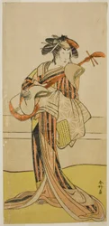 Aktor Yamashita Mangiku I jako Osan w sztuce Kitekaeru Nishiki no Wakayaka, wystawionej w teatrze Nakamura w jedenastym miesiącu 1780 r.