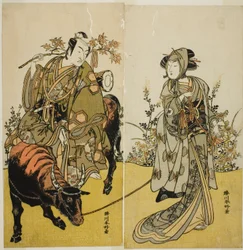 Aktorzy Iwai Hanshiro IV jako Okume (po prawej) i Ichikawa Monnosuke II jako Koshiba Yukienojo w przebraniu sprzedawcy Eboshi Rokusaburo (po lewej) w sztuce Katakiuchi Adana Kashiku, wystawianej w teatrze Nakamura w siódmym miesiącu 1779 r.