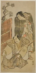 Aktorzy Nakamura Nakazo I jako Kagekiyo przebrany za żebraka (po prawej) i Otani Hiroji III jako Onio Shinzaemon (po lewej) w sztuce Kotobuki Banzei Soga wystawianej w teatrze Ichimura w trzecim miesiącu 1783 r.