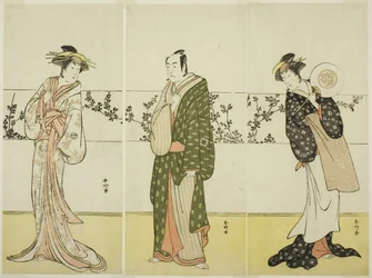 Aktorzy Osagawa Tsuneyo II (po prawej), Ichikawa Monnosuke II (w środku) i Segawa Kikunojo III (po lewej), prawdopodobnie jako Misao Gozen, Matsuya Soshichi i kurtyzana Kojoro z Hakaty w sztuce Chiyo no Hajime Ondo no Seto (Początki wieczności: The Ondo