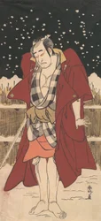 Onoe Matsusuke jako Człowiek uzbrojony w miecz, stojący w śniegu przed ogrodzeniem, 1786.
