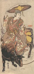 Aktor Matsumoto Koshiro IV na wołu podczas śnieżycy, ca. 1790.