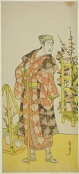 Aktor Matsumoto Koshiro IV jako sprzedawca roślin Awashima no Yonosuke w sztuce Mukashi Otoko Yuki no Hinagata, wystawionej w Teatrze Ichimura w jedenastym miesiącu 1781